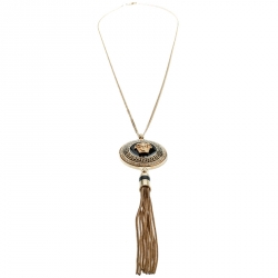 Gianni Versace Vanitas Crystal Enamel Medusa Gold Tone Tassel Pendant Necklace 