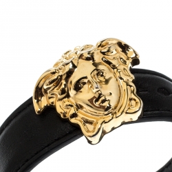 Pre Owned Versace Medusa Black Leather Gold Tone Bracelet