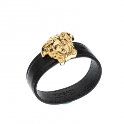 Pre Owned Versace Medusa Black Leather Gold Tone Bracelet