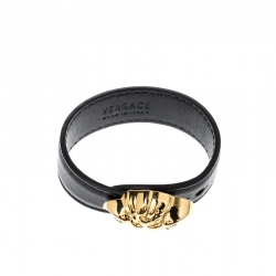 Pre Owned Versace Medusa Black Leather Gold Tone Bracelet