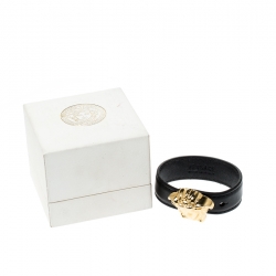 Pre Owned Versace Medusa Black Leather Gold Tone Bracelet