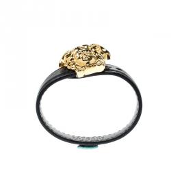 Pre Owned Versace Medusa Black Leather Gold Tone Bracelet