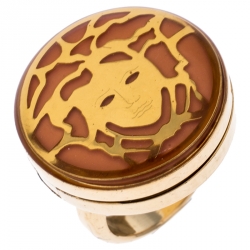Pre Owned Versace Gold Plated Metal Flip Top Mirror Medusa Ring Size 50