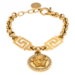 Pre Owned Versace Gold Tone Crystal Medusa Medallion Greca Chain Bracelet
