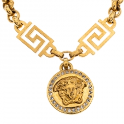 Pre Owned Versace Gold Tone Crystal Medusa Medallion Greca Chain Bracelet