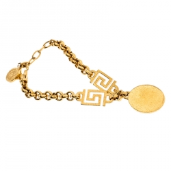 Pre Owned Versace Gold Tone Crystal Medusa Medallion Greca Chain Bracelet