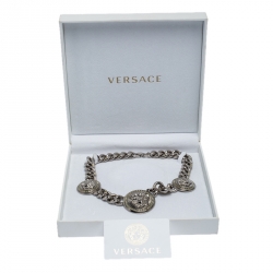 Versace Iconic Medusa Medallion Crystal Silver Tone Chain Link Statement Necklace
