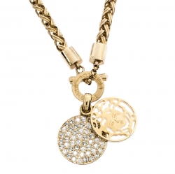 Pre Owned Versace Gold Tone Crystal and Medusa Charm Woven Chain Toggle Necklace 