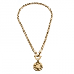 Versace Gold Tone Crystal and Medusa Charm Woven Chain Toggle Necklace 