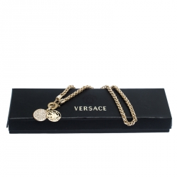 Pre Owned Versace Gold Tone Crystal and Medusa Charm Woven Chain Toggle Necklace 