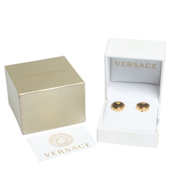 Pre Owned Versace Medusa Black Enamel Gold Tone Round Stud Earrings