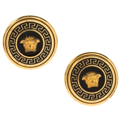Pre Owned Versace Medusa Black Enamel Gold Tone Round Stud Earrings