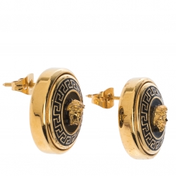 Pre Owned Versace Medusa Black Enamel Gold Tone Round Stud Earrings