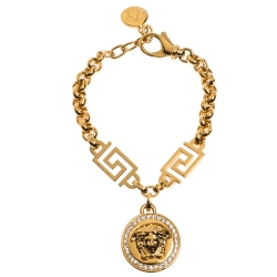Versace Crystal Medusa Medallion Greca Gold Tone Chain Bracelet