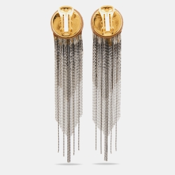 Pre Owned Versace Two Tone Tasseled Medusa Clip On Earrings