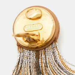 Pre Owned Versace Two Tone Tasseled Medusa Clip On Earrings
