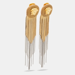 Pre Owned Versace Two Tone Tasseled Medusa Clip On Earrings