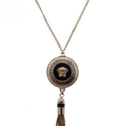 Pre Owned Versace Medusa Tassel Black Enamel Gold-Tone Necklace