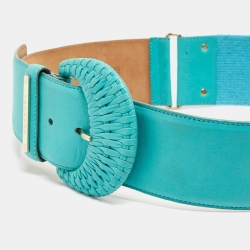 Pre Owned Versace Blue Turquoise Leather and Canvas Woven Buckle Belt 85CM
