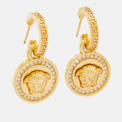 Pre Owned Versace Gold Tone Crystal La Medusa Greca Drop Earrings