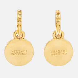 Pre Owned Versace Gold Tone Crystal La Medusa Greca Drop Earrings