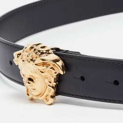 Pre Owned Versace Black Leather La Medusa Buckle Belt 105CM