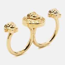 Versace Medusa Double Finger Gold Tone Ring Size 51