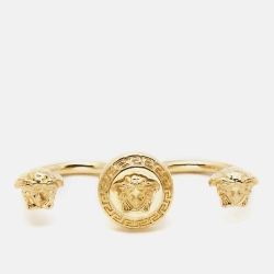 Versace Medusa Double Finger Gold Tone Ring Size 51