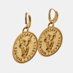 Pre Owned Versace Gold Coin V Gold Tone Earrings