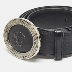 Pre Owned Versace Black Leather Medusa Oval Buckle Belt 110CM