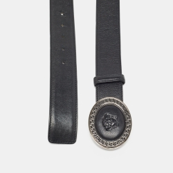 Pre Owned Versace Black Leather Medusa Oval Buckle Belt 110CM