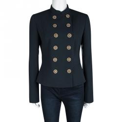 Pre Owned Versace Peacock Blue Mandarin Collar Double Breasted Blazer M