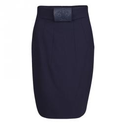 Pre Owned Versace Navy Blue Wool Medusa Leather Patch Detail Pencil Skirt M