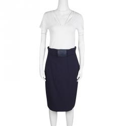 Pre Owned Versace Navy Blue Wool Medusa Leather Patch Detail Pencil Skirt M