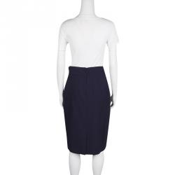 Pre Owned Versace Navy Blue Wool Medusa Leather Patch Detail Pencil Skirt M