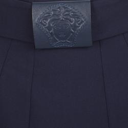 Pre Owned Versace Navy Blue Wool Medusa Leather Patch Detail Pencil Skirt M