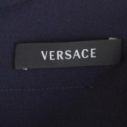 Pre Owned Versace Navy Blue Wool Medusa Leather Patch Detail Pencil Skirt M