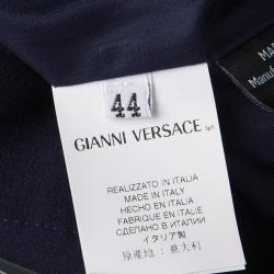 Pre Owned Versace Navy Blue Wool Medusa Leather Patch Detail Pencil Skirt M