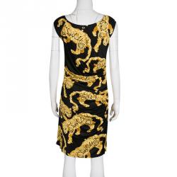Pre Owned Versace Collection Black and Gold Cat Print Sleeveless Draped Dress M
