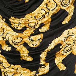 Pre Owned Versace Collection Black and Gold Cat Print Sleeveless Draped Dress M
