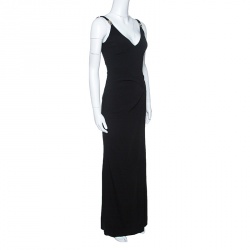 Pre Owned Versace Collection Black Logo Strap Slit Detail Draped Maxi Dress S
