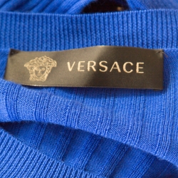 مملوكة مسبقًا Versace Cobalt Blue Ribbed Wool Knit Medusa Fitted Midi Dress L