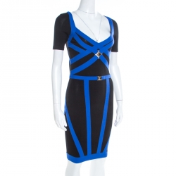 مملوكة مسبقًا Versace Collection Black Contrast Trim Knit Logo Buckle Detail Bodycon Dress S