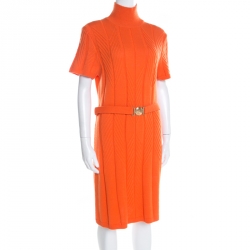 Versace Collection Orange Cable Knit Wool Belted Sweater Dress L