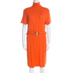 Versace Collection Orange Cable Knit Wool Belted Sweater Dress L