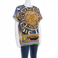 Versace Multicolor Medusa and Leopard Print Silk Boxy Fit Blouse S