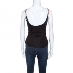 Pre Owned Versace Black Jersey Gold Logo Chain Strap Detail Top S 