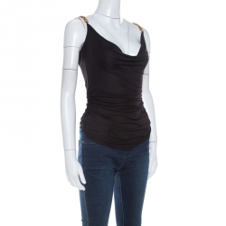 Pre Owned Versace Black Jersey Gold Logo Chain Strap Detail Top S 