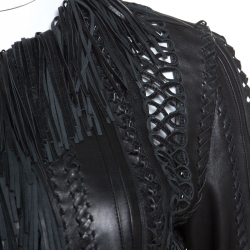 Pre Owned Gianni Versace Vintage Black Leather Fringe Overcoat S