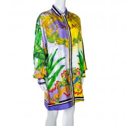 Pre Owned Versace Multicolor Beverly Palm Printed Silk Shirt Dress L